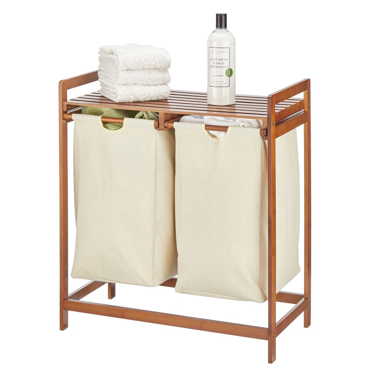 mDesign Bamboo Freestanding Double Laundry Basket Hamper Organizer
